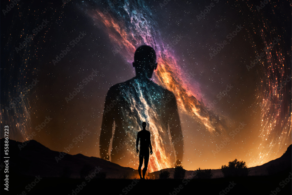 Poster silhouette of a person standing in front of night sky with galaxy. designed using generative ai.