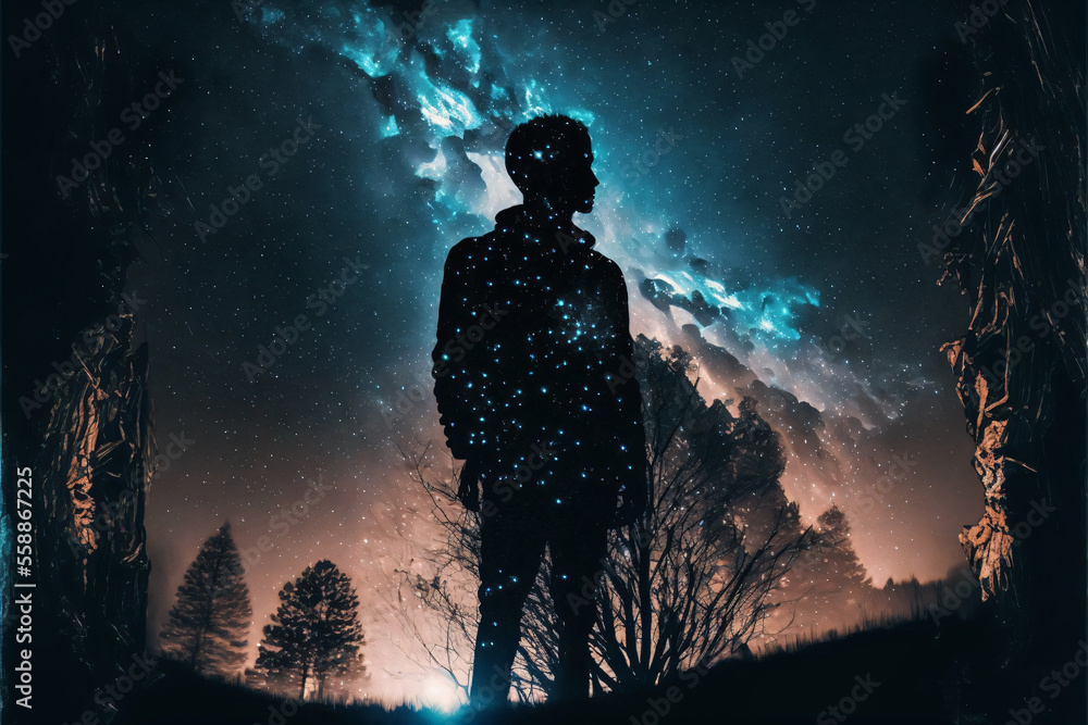 Poster silhouette of a person standing in front of night sky with galaxy. designed using generative ai.