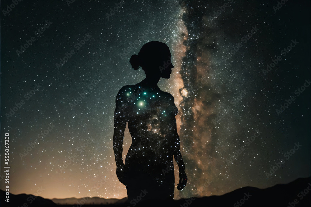 Poster silhouette of a person standing in front of night sky with galaxy. designed using generative ai.