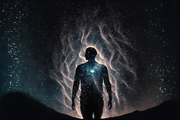 Fototapeta na wymiar Silhouette of a person standing in front of night sky with galaxy. Designed using Generative AI. 