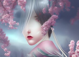 Kirschblüte in Japan mit Gesicht einer Japanterin im Kimono Illustration generative AI