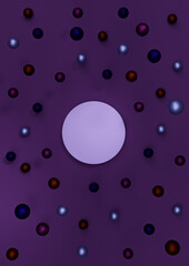 Dark purple, violet 3D illustration minimal product display Christmas themed with colorful decoration Christmas balls falling top view flat lay photography wallpaper with one podium or stand