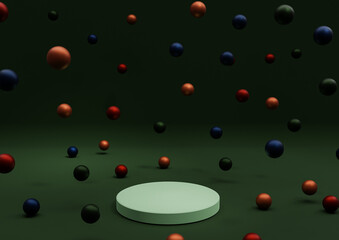 Dark, warm green 3D illustration minimal product display Christmas themed colorful decoration Christmas balls colorful metallic marbles falling photography wallpaper one podium or stand horizontal