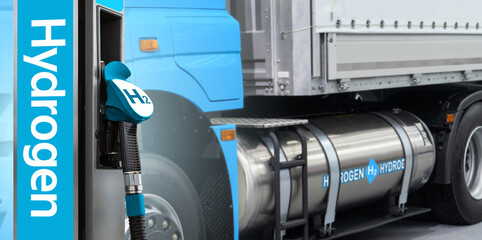 Hydrogen filling station on a background of fuel cell semi truck