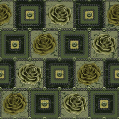 Square camouflage geometric pattern with green roses, steel chains, rivets. Diagonal ornament with grungy squares. Vector Illustration.