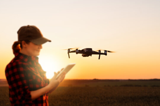 Farmer controls drone sprayer with a tablet on a sunset. Smart farming and precision agriculture	