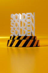 Vertical discount sale communication on a yellow stage. With the applicable Solden sale sign on a yellow and black police ribbon style plateau in shiny white letters. Belgian style sale.