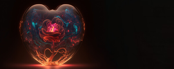 Glass heart with neon rose banner. Love is like a flower, You have to treat it with care & respect to let it blossom. Generative AI