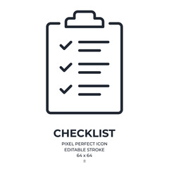 Checklist, clipboard, tick, report, test, questionnaire and form concept editable stroke outline icon isolated on white background flat vector illustration. Pixel perfect. 64 x 64.