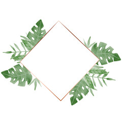 Fototapeta na wymiar Tropical leaves rhomb frame watercolor with rose gold. Jungle leaves frame. Monstera, palm leaves. Hand painted illustration isolated on white background. Wedding postcard clip art, Logo element.