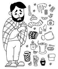 Sick sad bearded man wrapped in blanket with cup. collection of treatment items pills, scarf, hat, gloves, jam, kettle, mulled wine, heating pad and thermometer. Isolated vector linear doodles.