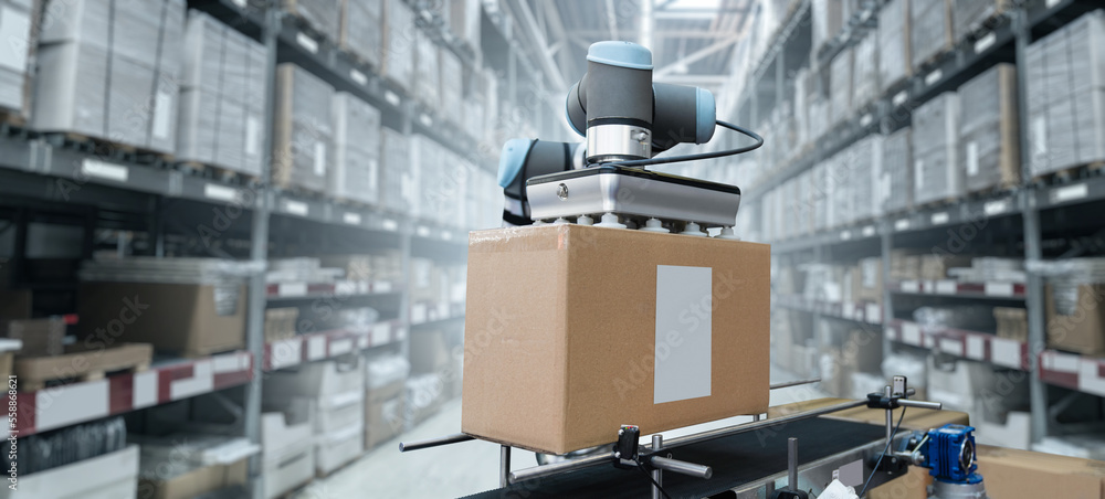 Poster robot arm moves boxes in an automatic warehouse. concept