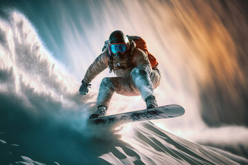 Extreme snowboarder riding down the snowy slope, jumping, puffs of snow, Generative AI