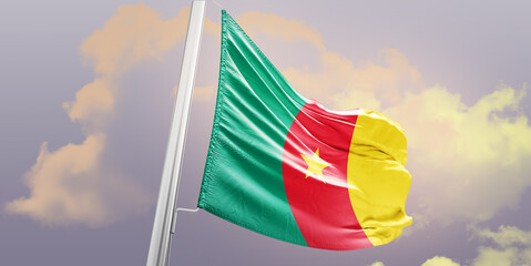  Cameroon national flag cloth fabric waving on the sky - Image