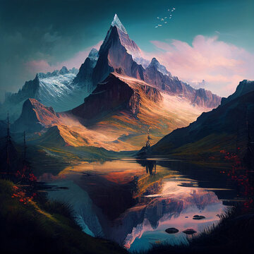 Mountain Peak and Valley Landscape DND Roleplaying Environment Concept Ice Water Snow Painting Style Concept Generative AI Tools Technology illustration © paul