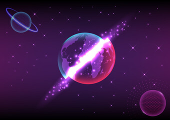 Abstract Black Ground Space
The world split apart, a beautiful light appeared in the crack. Purple glow with glowing circles with planets with rings and stars on a gradient background.