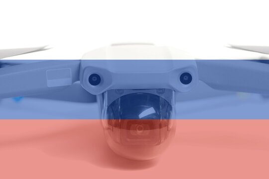 Double exposure Flag of Russian Federation and quadcopter drone aerial camera
