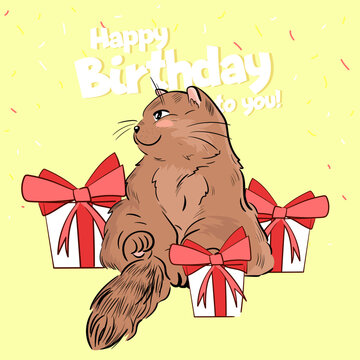 Happy birthday greeting card with illustration of cute cat with gift