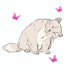 Vector illustration of a cute cat with butterflies on a light background
