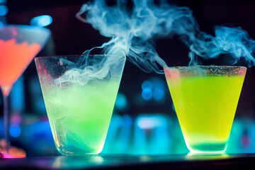 Colorful cocktails with dry ice smoke. A mesmerizing and intoxicating party. - obrazy, fototapety, plakaty