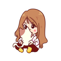 Girl sitting and holding a cat character hand drawn cartoon vector art illustration