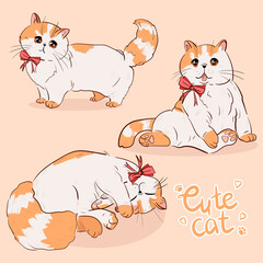 Vector illustration set of cute cats with a bow on a light background