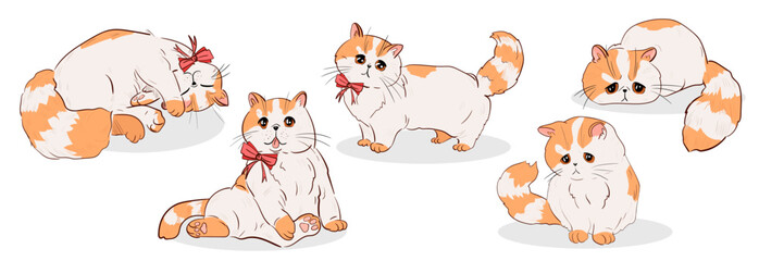 Vector illustration set of cute cats with a bow on a light background