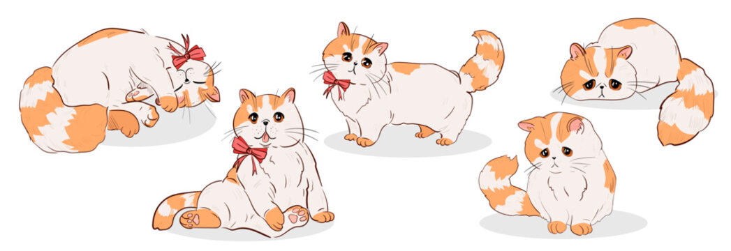 Vector illustration set of cute cats with a bow on a light background