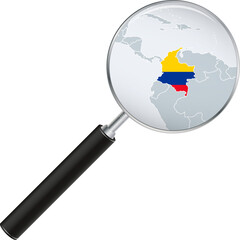 Colombia map with flag in magnifying glass.