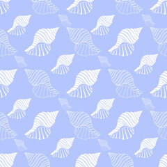 Vector illustration-seamless pattern of white seashells on a light purple background. Ideal for prints on fabrics, backgrounds and textures, packaging designs, etc.