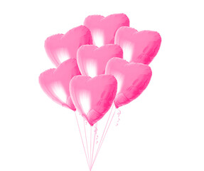 Bunch of beautiful light pink heart shaped balloons with ribbon isolated on a white background....