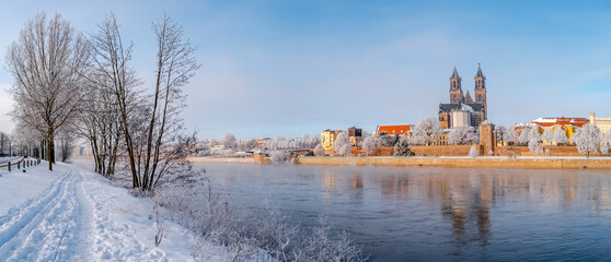 Panoramic view over Magdeburg historical downtown in Winter with icy trees and snow during sunrise in the morning with warm illumination and blue sky, Germany.