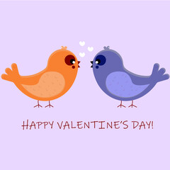 Postcard on Valentines's day with two birds on the ground and hearts