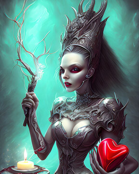 Evil Anti valentine's day witch queen casting a spell. illustration. generative ai.