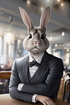 portrait of a Rabbit as a  businessman sitting in a cafe. Illustration. generative ai