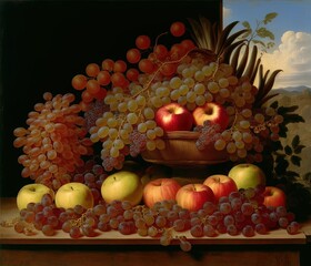 Naklejka na ściany i meble painting of fruits and vegetables on a black background