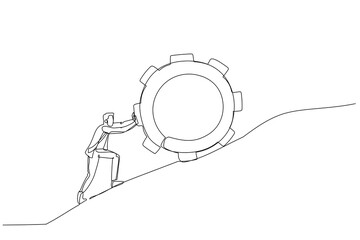 Drawing of businessman pushing gear to the top metaphor of persistence and hard work. Single continuous line art style - obrazy, fototapety, plakaty