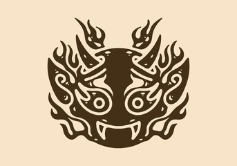 Illustration drawing of devil face with horns and flames