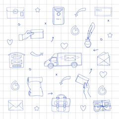 Hand drawn set of mail related icons. Vector illustration, doodle style. Sending and receiving mail.
