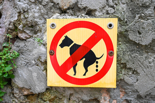 No dog pooping sign. Prohibition sign on the street. Sign for dog owners: Shitting is not allowed. 