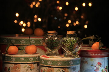 christmas decoration on the table with oranges