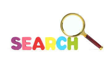 Magnifying glass and word search consisting multicolored letters white background.