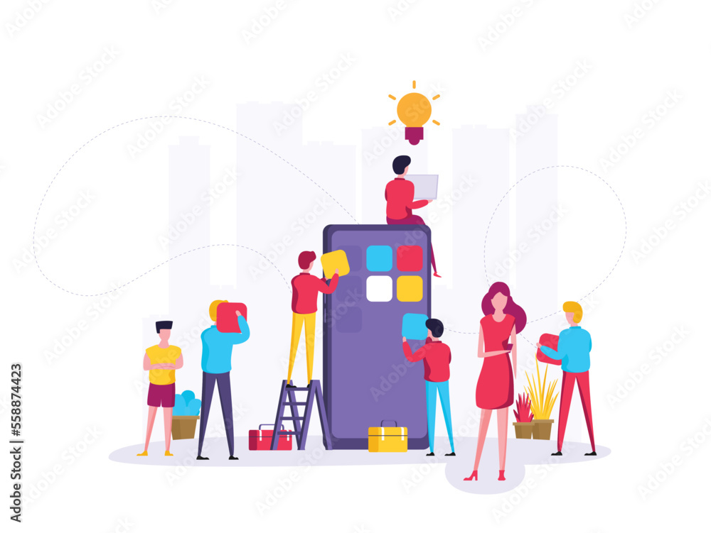 Poster mobile application development concept illustration with teamwork programmers and mobile phone