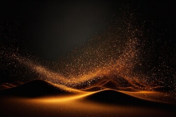 Dark, abstract backdrop with gold glitter, shimmering dust, and bright lighting particles in the blurry background.