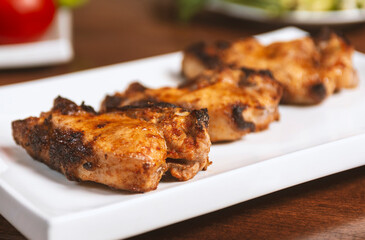 Caucasian shashlik plate with grilled meat .  pork bbq