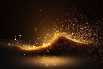 Dark, abstract backdrop with gold glitter, shimmering dust, and bright lighting particles in the blurry background.