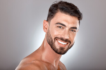 Beauty, skincare and portrait of man with smile on gray background studio for wellness, healthcare...
