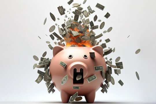 Pink piggy bank for saving money in a moneybox for available ready cash with money exploding from the top, computer Generative AI stock illustration image