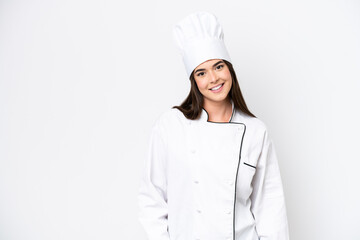 Young Brazilian chef woman isolated on white background laughing