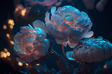 The beautiful colorful flowers bloom in the shimmering night light. Generative AI.